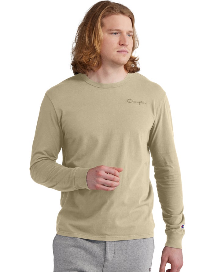 Champion Herre T-Shirts Khaki - Lightweight Long-Sleeve Embroidered Logo - Danmark UQI-549836